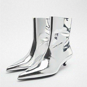 ZARA‎ Silver Metallic Leather Ankle Boots